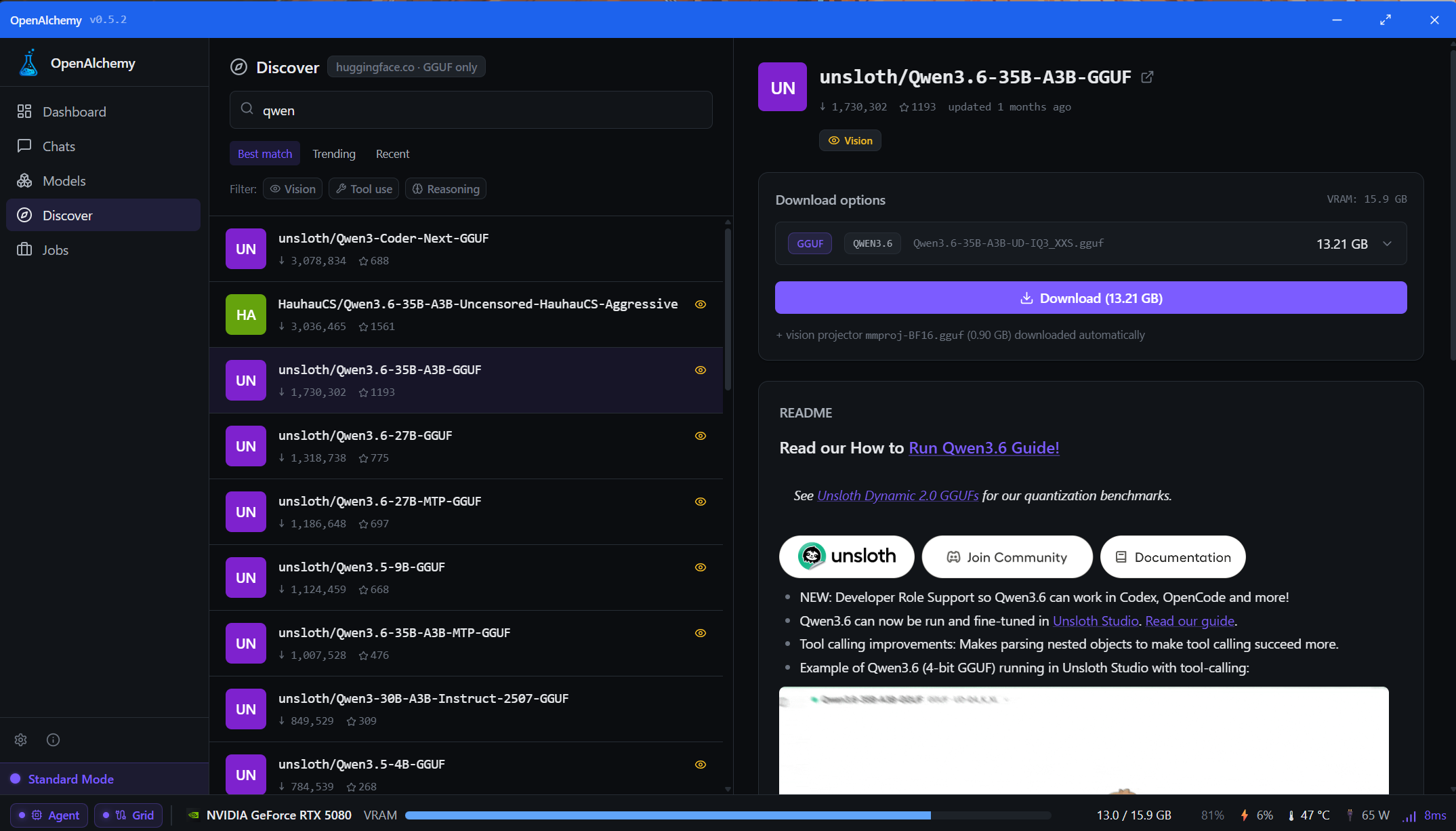 Discover — browse and download open models